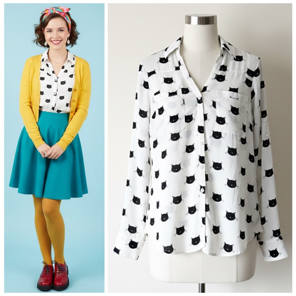 Express Portofino Button Down Blouse Ivory Black Cat Rare Print Size Small - Picture 13 of 14